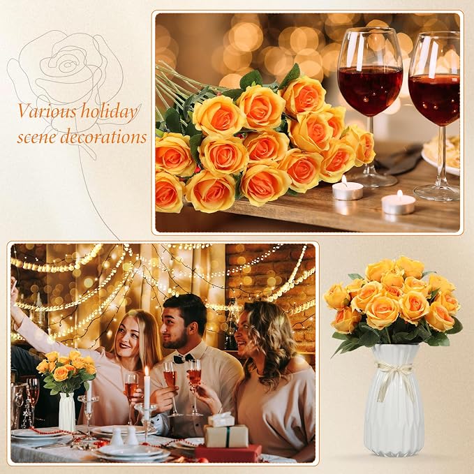 Hotop 20 Pcs Artificial Rose Flowers with Long Stem, Real Lifelike Silk Realistic Plastic Bouquet Roses Bulk for Home Decor Bridal Wedding Party Table Centerpieces Decorations(Orange)