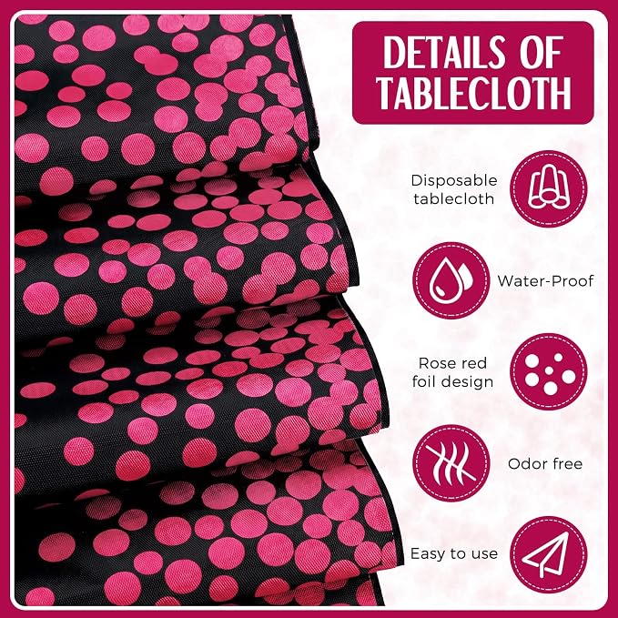 Breling 12 Pack Black and Hot Pink Disposable Plastic Tablecloths and Satin Table Runner Set, 54 x 108 Inch Tablecloth, 12 x 108 Inch Table Runners for Wedding Graduation Birthday Baby Shower