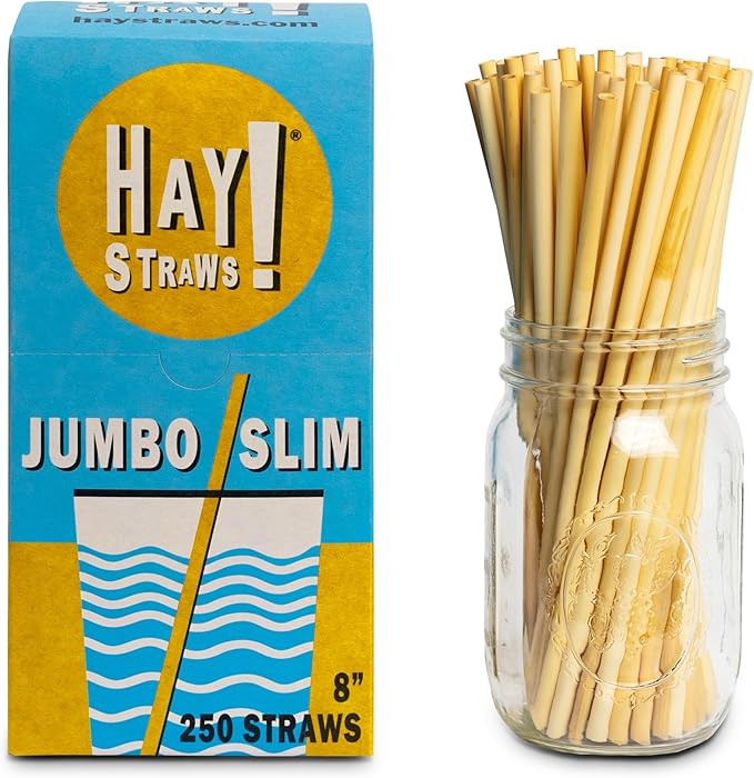 Hay Straws 8 inch Compostable Drinking Straw Eco Friendly, 250 Count Biodegradable Disposable Straw for Juices, Smoothies, Sturdy Plant-Stem Straws, No Paper, Plastic-Free (5–6.5mm)