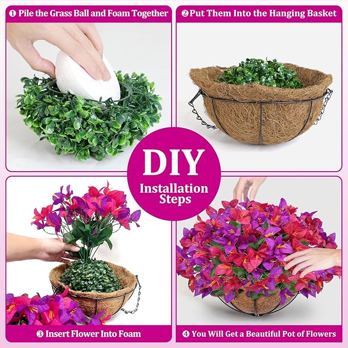 Artificial Fake Hanging Flowers Plants Baskets for Outdoors, Faux Silk Bougainvillea in Planter UV Resistant Realistic Spring Summer Decoration for Outside Porch Patio Yard Home Decor (Purple Hotpink)