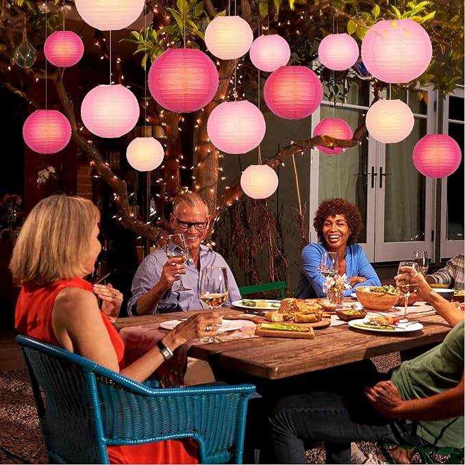 Hanging Paper Lanterns Decorative, Pink Chinese Paper Lanterns Ceiling Party Decorations with 16 LED Lights for Weddings Anniversaries Valentine's Day Bridal Shower Decorations, Pack of 16