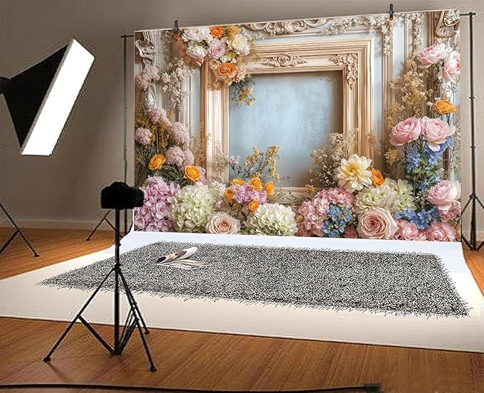7X5ft Retro Wall Wedding Backdrops Frame Style Colorful Flowers Wall Background Medieval Building Photo Background for Mothers Day Bridal Baby Shower Birthday Girls Women Decoration Backdrop