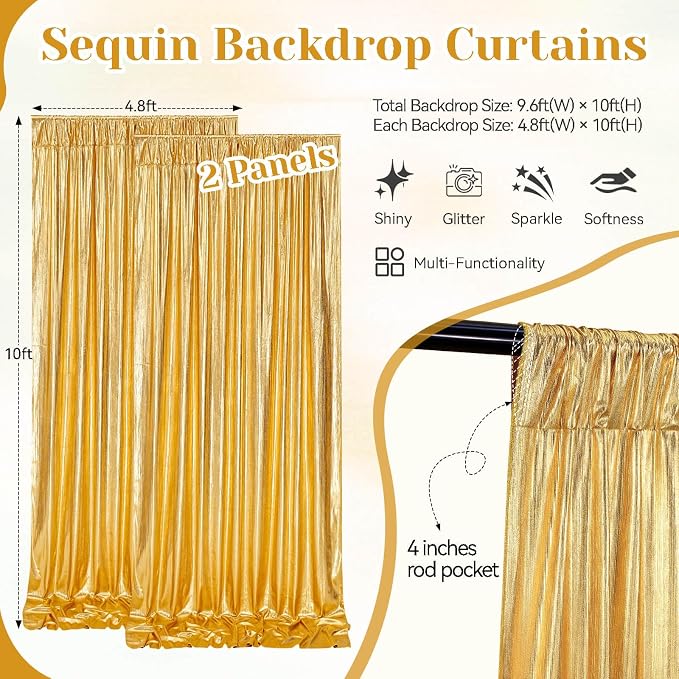 Gold Sequin Curtains Backdrop: Glitter Drapes Fabric Ramadan Background Cover for Photography Party Stage Wedding Christmas Birthday Spandex Ceiling Drape Arch 4.8ftx10ft 2 Panels