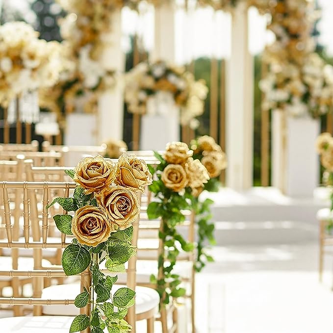 Auihiay 104PCS Gold Rose Artificial Flowers, Fake Roses, Lifelike Gold Roses Banquet for Wedding Centerpieces, Bridal Shower Bouquets, Home Decor, Mother's Day, Birthday, Valentine's Day Decoration