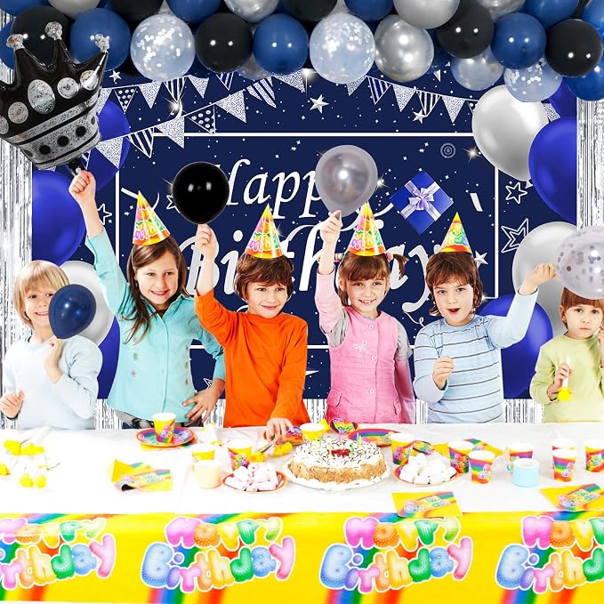 Blue Happy Birthday Decorations for Men Boys, 89PCS Blue Black Birthday Decorations Kit with Backdrop Banner Foil Balloons Fringe Curtains for 18th 21st 25th 30th 35th 40th 50th 60th Party Supplies
