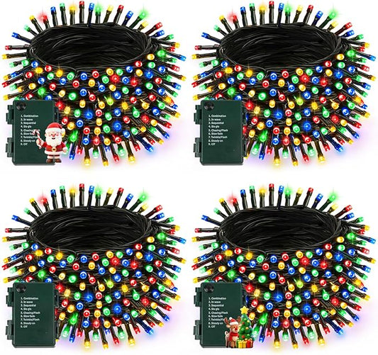 4 Pack Battery Operated Christmas Lights with Timer, 132FT 400 LED Waterproof Battery Twinkle Light, 8 Modes Green Wire Fairy Light for Indoor & Outdoor Bedroom Tree Christmas Decorations (Multicolor)