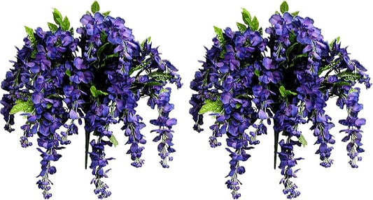 Admired by Nature 2pcs of 15 Stem Artificial Flowers Wisteria Hanging Plants Flowers for Outdoor, Fake Hanging Plant Baskets for Home Decor Wedding Garden Cemetery Flowers for Grave, Purple