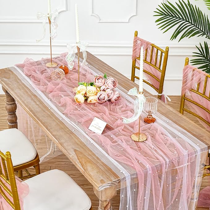 Pearl Gauze Table Runner Pack of 12 Tulle Fabric Lace Boho Sheer Dinner Runners 10ft Table Runners for Bridal Shower Birthday Party Wedding Arch Veil Dessert Desk Decorations