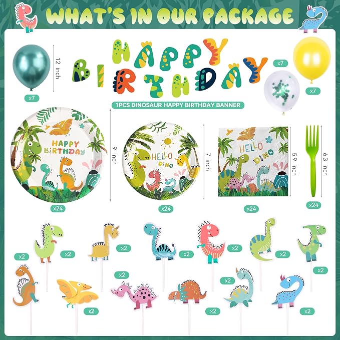 Dinosaur Birthday Decorations - 24 Guests Dino Party Decorations Set, Jurassic Dinosaur Birthday Party Supplies Kit for Kids 3 4 5 Years