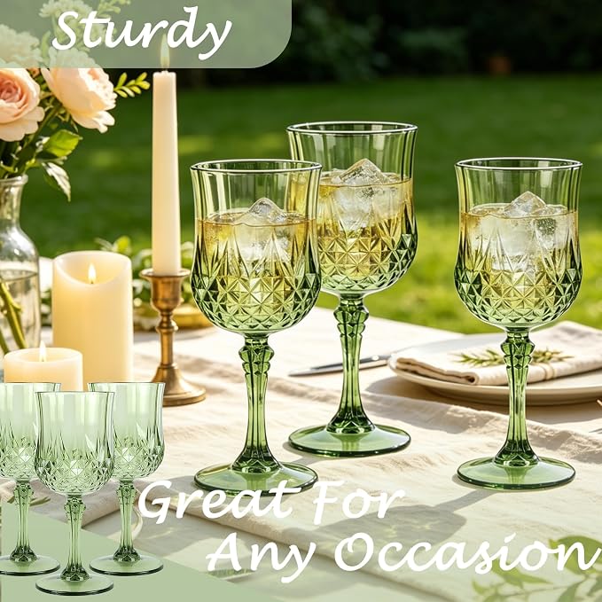 Plastic Wine Glasses, Plastic Goblets Vintage Style Cordial Unbreakable Drinking Glasses, Reusable Drinkware for Wedding Reception, Grand Event Party Supplies (100, New Green)
