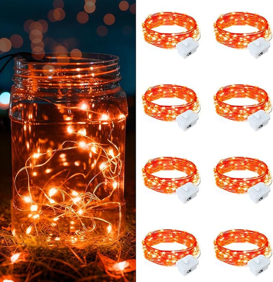 8 Pack Orange Fairy Lights Battery Operated, 7ft 20 LED Mini String Twinkle Lights for Christmas Halloween Mason Jars Party Centerpiece Table Decorations (8, Orange)
