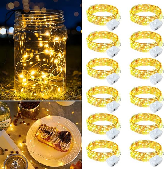 12 Pack Warm White Fairy Lights Battery Operated, 7ft 20 LED Mini String Twinkle Lights for Christmas Halloween Mason Jars Centerpiece Table Decorations (12, Warm White)
