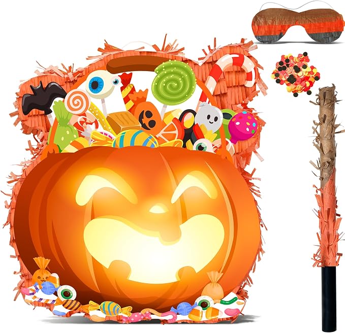4 Pcs Fall Pumpkin Pinata Set, 14.5" x 14.5" Perfect for Thanksgiving Day or Halloween Party Decorations Activity Supplies with Stick for Autumn Fall Festival Celebrations