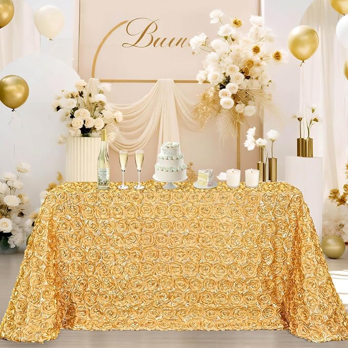 B-COOL Light Gold Rosette Tablecloth Party Table Overlay 90x156 Inch 3D Floral Fabric Cover for Brithday Holiday Party Wedding Table Decorations