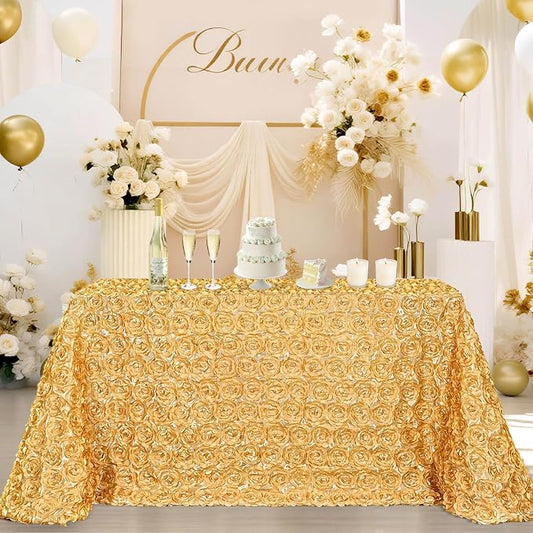 B-COOL Light Gold Rosette Tablecloth Party Table Overlay 90x156 Inch 3D Floral Fabric Cover for Brithday Holiday Party Wedding Table Decorations