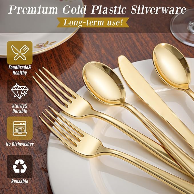 WDF 500PCS Gold Plastic Silverware Set Disposable - Gold Cutlery Set Plastic - 250Forks, 125 Spoons, 125 Knives for Party Baby Shower Wedding Spring