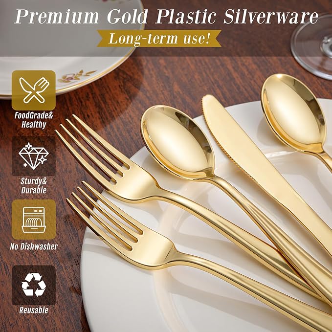 WDF 180 Count Gold Plastic Silverware Set - Heavy Duty Disposable Cutlery (60 Forks, 60 Knives, 60 Spoons) - BPA-Free Gold Flatware for Wedding, Party, Baby Shower, Thanksgiving