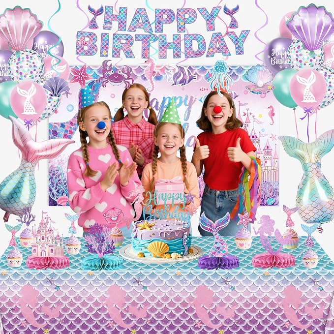 Mermaid Birthday Decorations – Includes Banner, Backdrop, Foil & Latex Balloons, Hanging Swirls, Cake & Cupcake Toppers, Honeycomb Centerpieces for Girls Mermaid Party Decorations