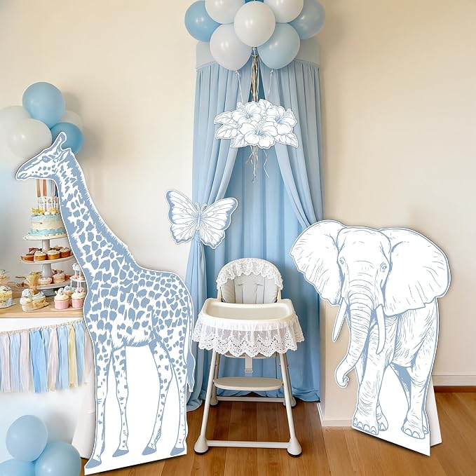 4PCS Blue Jungle Animal Cardboard Standee Set, Giraffe Elephant Cardboard Standee Cutouts, Safari Baby Shower Decorations for Birthday, Gender Reveal