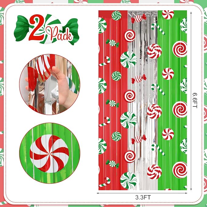 Blosssound 2 Packs Christmas Party Decorations 3.3 x 6.6 ft Candy Cane Foil Fringe Curtain Xmas Holiday Tinsel Streamers for Xmas Winter Holiday Baby Shower Decoration(2 Packs, Christmas Candy)