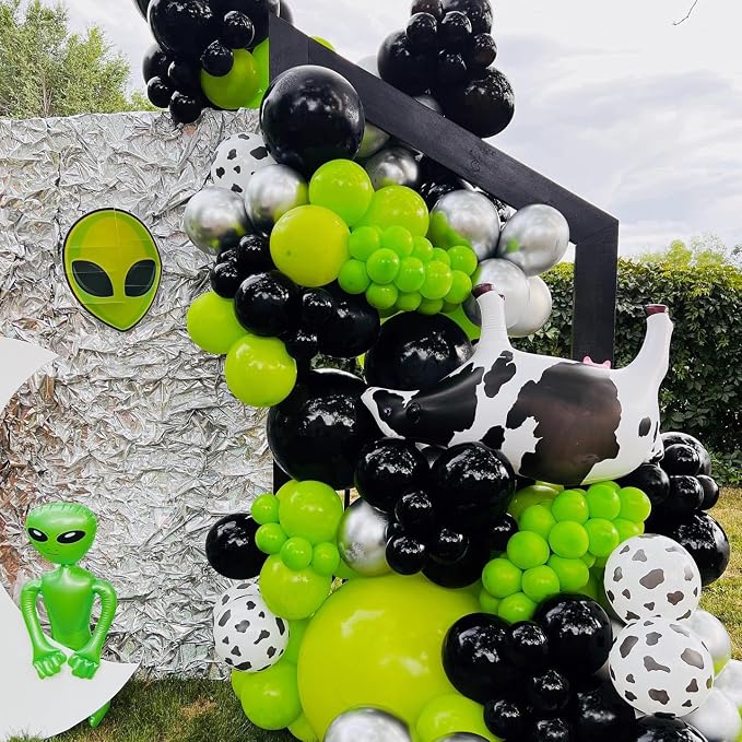 154pcs Alien Balloon Arch Kit - Green Black Silver Latex Balloons with Alien/UFO/Cow/Burst Foil Balloons for Alien Decorations, Space Birthday, Trunk or Treat Car Decor