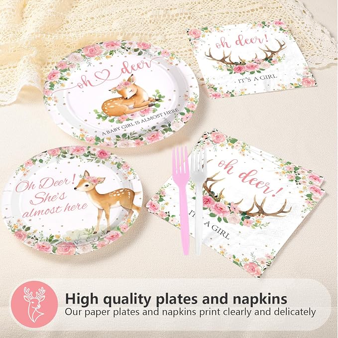 96Pcs Oh Deer She's Almost Here Baby Shower Party Pink Deer Tableware Set | Disposable Pink Deer Themed Woodland Animal Tableware for Girls Animal Baby Shower Gender Reveal Party Supplies Serves 24
