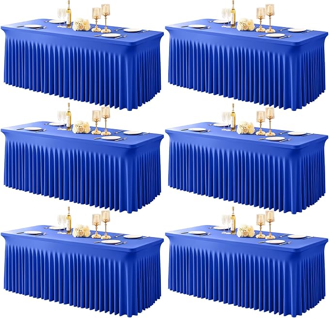 6 Packs Royal Blue Table Clothes for 6 Foot Rectangle Tables, One-Piece Wrinkle Resistant Stretch Spandex Table Covers with Skirt for Event Banquet Wedding Birthday Party
