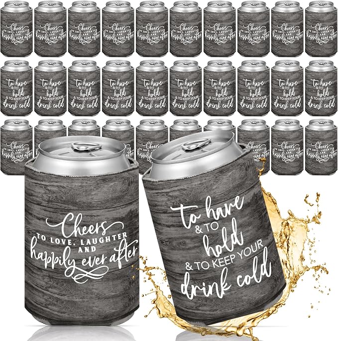 Qinyoung 50 Pieces Wood Grain Wedding Can Cooler Sleeves Bulk Engagement Party Favors for Guests Cheers to Love Laughter and Happily Ever After Rehearsal Dinner Decorations for Wedding Bridal