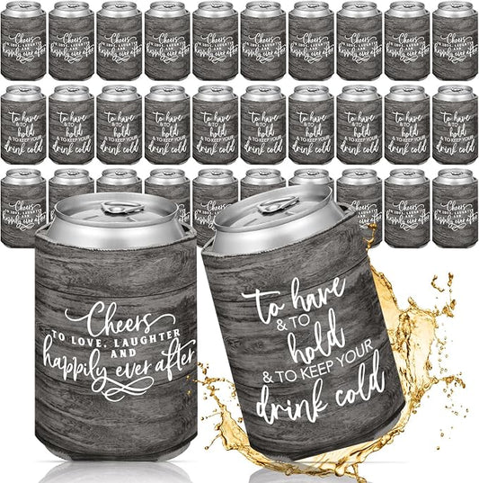 Qinyoung 50 Pieces Wood Grain Wedding Can Cooler Sleeves Bulk Engagement Party Favors for Guests Cheers to Love Laughter and Happily Ever After Rehearsal Dinner Decorations for Wedding Bridal