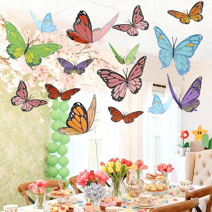 18 Pcs Large Butterfly Party Decorations 3D Colorful Paper Pastel Butterfly Hanging Decoration 2 Sizes Paper Butterflies Birthday Party Supplies for Wedding Baby Shower Room Ceiling Decor