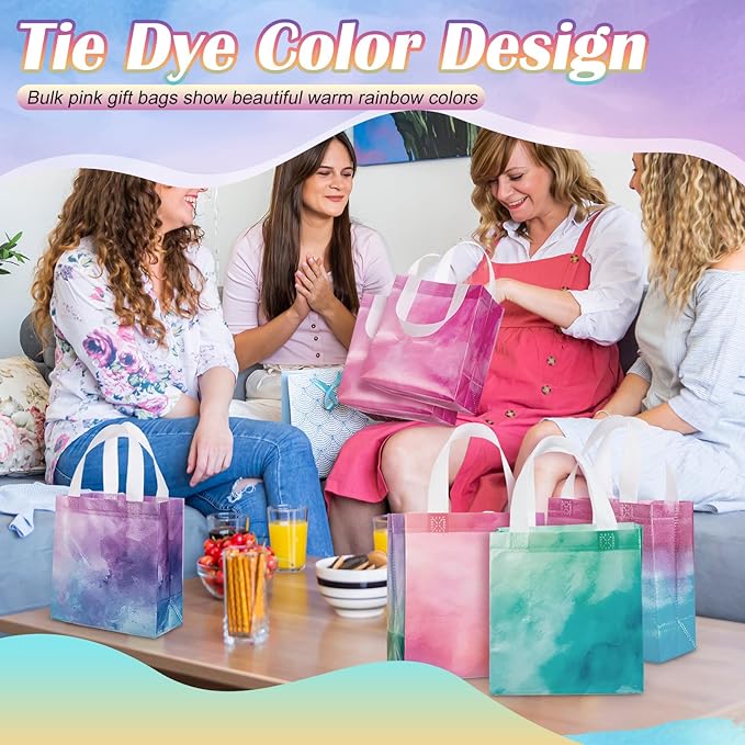 Wesnoy 18 Pcs Tie Dye Woven Gift Bags with Handles Reusable Party Favor Goodie Bags Bulk, Spring Rainbow Color Tote for Women Wedding Birthday Bridal Shower Decoration