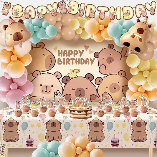 Capybara Birthday Party Decorations - 99pcs Balloons Garland Kit, Capybara Backdrop, Capy Birthday Banner, Tablecloth, Foil Balloons, Capybara Cake and Cupcake Toppers
