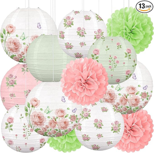 13PCS Spring Wildflower Bridal Shower Party Decorations Rose Paper Lanterns Pom Poms Valentines Day Garden Home Indoor Outdoor Decor
