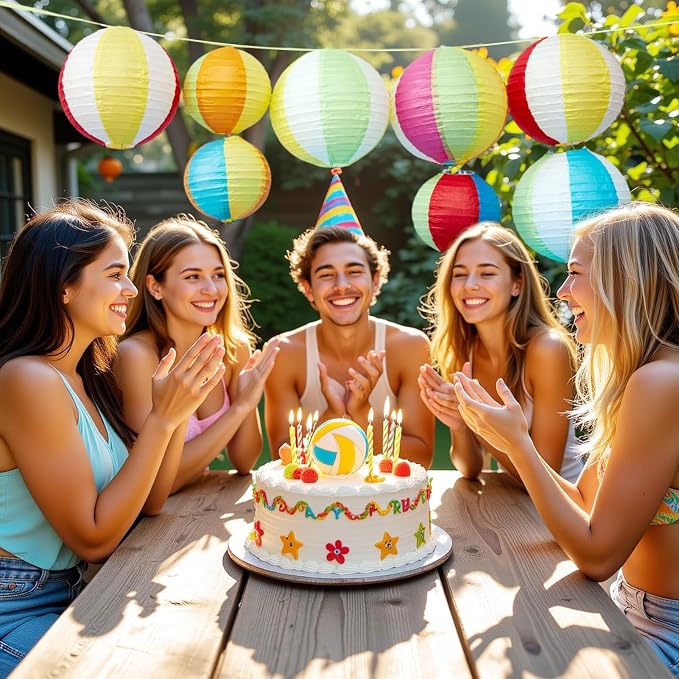 Easy Joy 16PCS Pool Party Decorations, Summer Beach Ball Paper Lanterns, Colorful Luau Themed Round Hanging Decorations, for Home, Office, Room, Outdoor, Birthday, Classroom, Party Supplies
