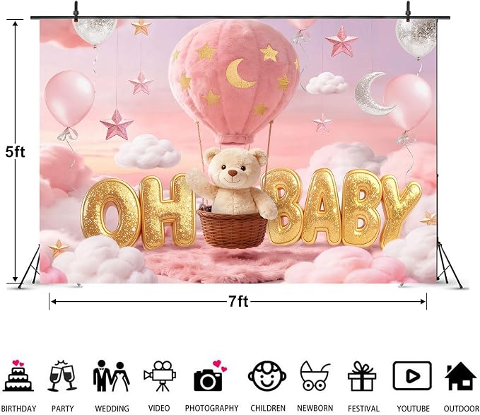 Oh Baby Bear Baby Shower Backdrop 7Wx5H Feet Pink Cartoon Hot Air Balloons Lovely Clouds Gold Stars Moon Polyester Girls Baby Shower Photography Backgrounds Photo Shoot Decor Props Decoration