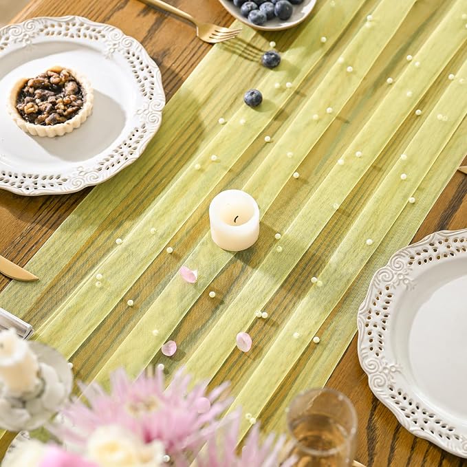 Artoid Mode Pearl Yellow Gauze Table Runner 120 Inch, Seasonal Sheer Dining Holiday Wedding Birthday Baby Shower Table Decor for Home Party