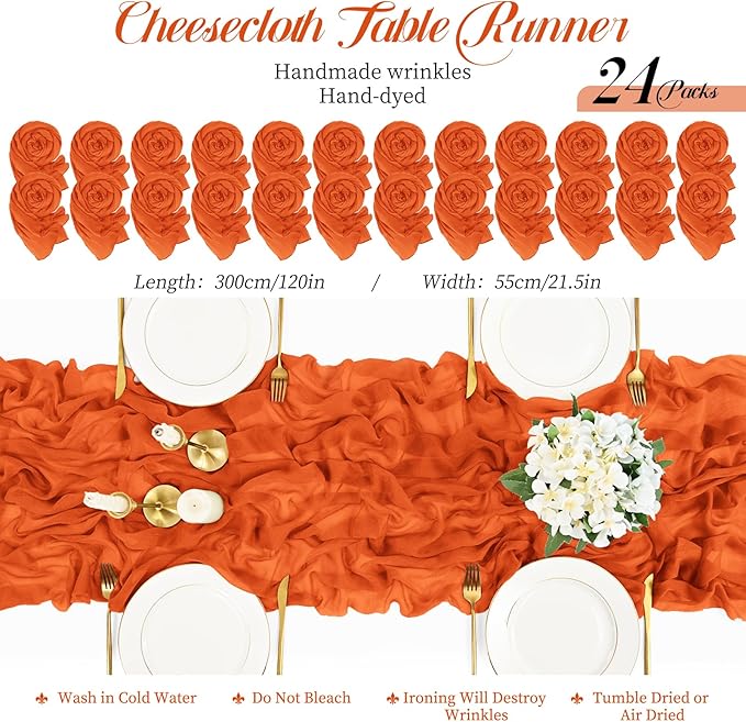 24 Packs Orange Cheesecloth Table Runner,10ft Rustic Gauze Boho Wedding Table Runner Decoration, Wedding Table Decor Sheer Table Runner for Wedding Party Bridal Shower Table