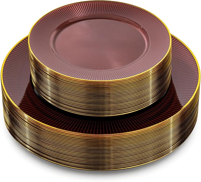 Hioasis 60pcs Burgundy and Gold Plastic Plates - Burgundy Disposable Dinnerware Set, 30pcs Dinner 10in & 30pcs Dessert 7in Plates with Striped Designs for Party & Wedding