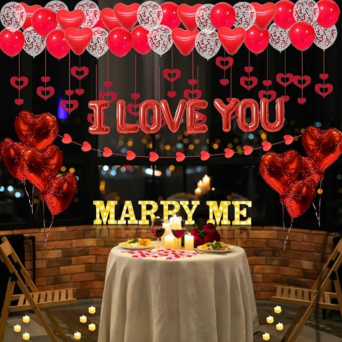 Marry Me Light Up Letters Proposal Decorations, 7Pcs 8.5" Marry Me Sign, 24Pcs Flameless Candles 2000Pcs Red Fake Rose Petals 8Pcs I Love You Letter Balloons 55Pcs Latex Heart Balloon Valentine's Day