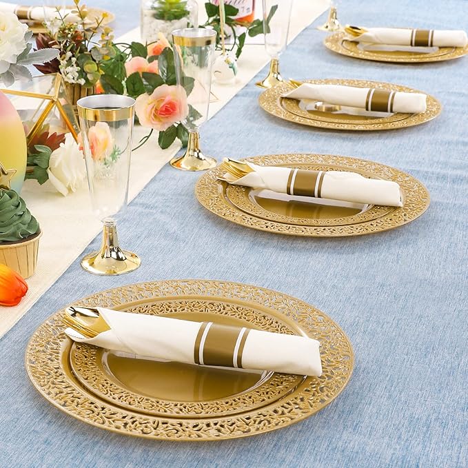 DaYammi 210Pcs Solid Gold Disposable Plates with Silverware and Cups,Gold Plastic Plates for Party Include: 30 Dinner Plate,30 Dessert Plate,30 Rolled Napkins with Cutlery,30 Cups for Party Wedding