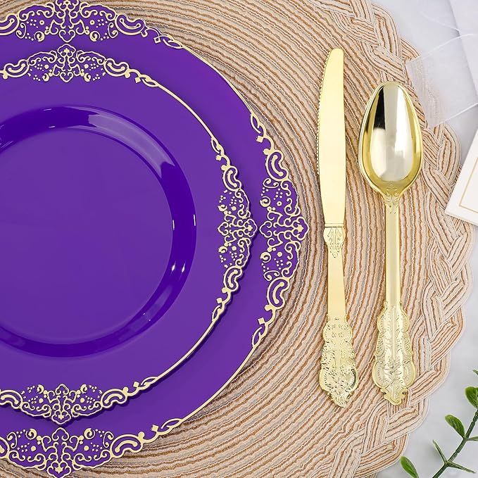 Realluck 350 PCS Purple and Gold Plastic Plates, Plastic Dinnerware Set for 50 Guests, 100 Disposable Plates, 150 Silverwares, 50 Cups, 50 Napkins for Party, Wedding, Graduation
