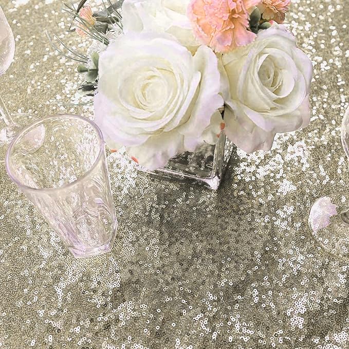 132 Inch Round Champagne Sequin Tablecloth, Metallic Large Glitter Sparkle Table Cloth for Dining Banquet Table, Sequin Table Linen for Wedding Bridal Shower Party Decorations