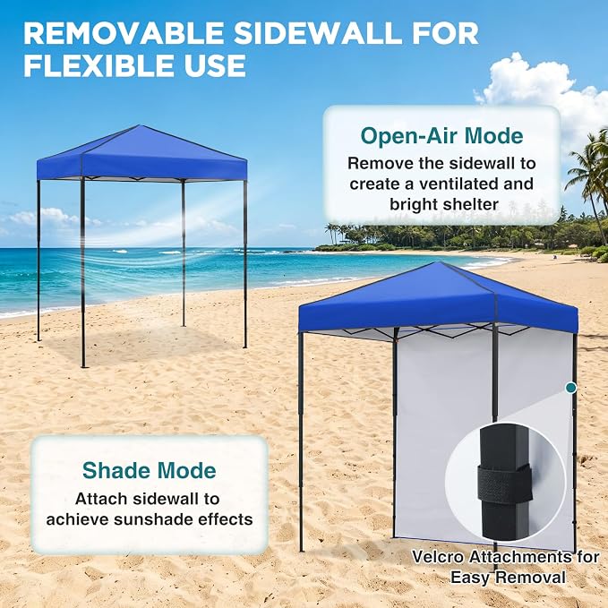 EAGLE PEAK 6x4 Instant Pop Up Canopy Tent with 1 Side Wall Panel, Straight Leg Sun Shelter, Portable Canopy with Carry Bag for Camping, Beach & Sports, Blue