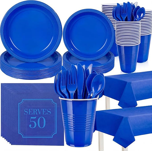 352 Pcs Blue Plastic Plates Party Set, 50 Guests Disposable Dinnerware Set with Deep Blue Tablecloths, Classic Blue Plastic Plates Party Set for Wedding/Anniversary/Nautical Party/Men's Event
