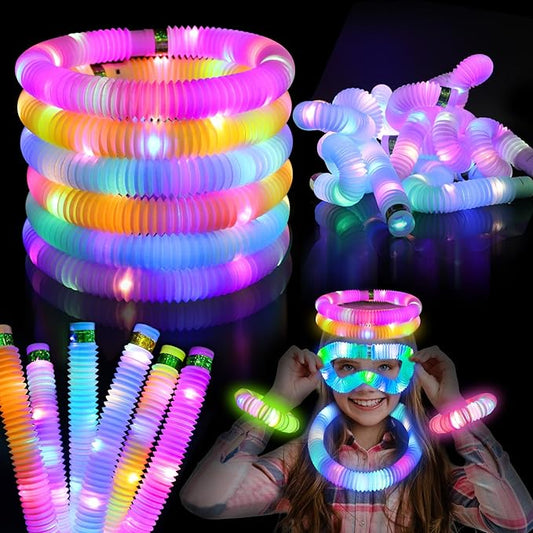 Light Up Glow Sticks Fidget Pop Tubes, 6 Pack Glow in The Dark Party Supplies Toddler Sensory Toys, Glow Stick Thanksgiving Christmas Party Favors Party Pack Gifts for Kids