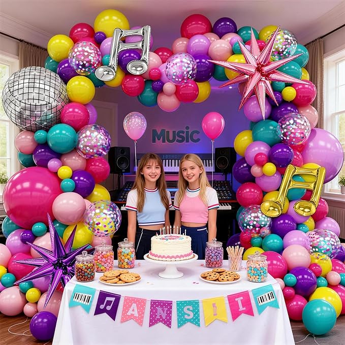 KPOP Music Theme Balloon Garland Arch Kit, 119Pcs Rainbow Colorful Balloon & Retro Disco Ball Musical Note Explosion Star Foil Balloons for K-Pop Party 90s 80s Disco Hip Hop Birthday Decor Supplies