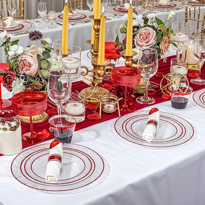 Ciaell 350 PCS Clear and Red Plastic Plates – Red Dinnerware Set for 50 Guests Include 100 Plastic Plates, 50 Pre Rolled Napkins with Cutlery Set, 50 Cups for Wedding & Party & Mother's Day