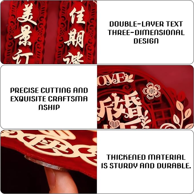 Chinese Wedding 3D Double Happiness Couplets Set - Decorative Wall and Door Banners for Bridal Room, Traditional Style Wedding Décor, Perfect Party Favor