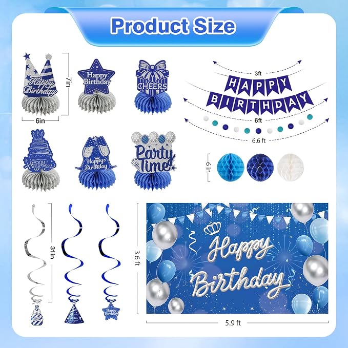 Happy Birthday Party Decoration Set: Including Birthday Banner Backdrop, Party Table Centerpieces and Hanging Swirl Party Streamers, Birthday Decor Suppliers for Men and Women (Blue, Happy Birthday)
