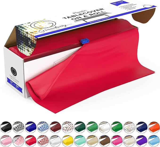 Grandipity Plastic Tablecloth Roll - 54in x 100 Ft. Red Plastic Table Cloths for Parties Disposable with Cutter Box - Cut to Size Disposable Tablecloth Table Cover for Rectangle & Round